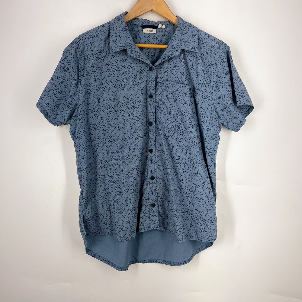 LL Bean Mens Blue Geometric Tribal Print Short Sleeve Button Down Shirt Size‎ M
